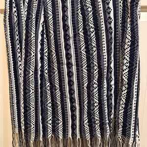 Blue, Gray and White Striped Crochet Skirt With Fringe